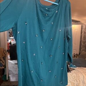 Lands' End Teal Long Sleeve Embellished Top